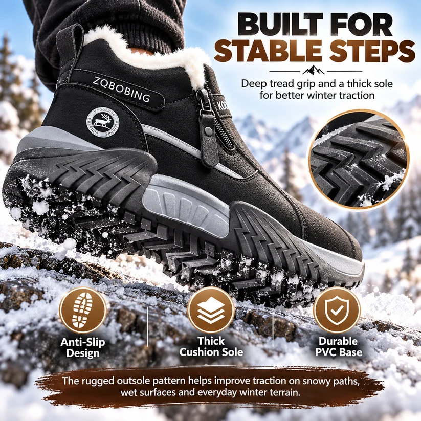 👟Warm Fleece Winter Snow Boots with Side Zip | Anti-Slip Outdoor Ankle ...